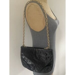 Vintage Womens Black Leather Goldtone Chain Link Adjustable Retro Cocktail Bag